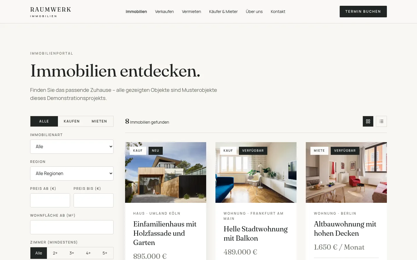 Immobilienübersicht mit Suchfiltern für Kauf, Miete, Preis, Wohnfläche und Zimmer – RAUMWERK IMMOBILIEN
