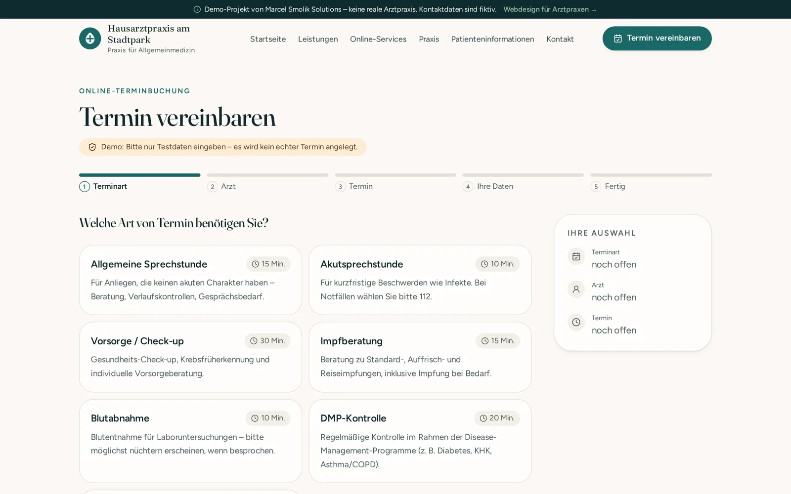 Online-Terminbuchung der Praxis-Demo mit Auswahl der Terminart