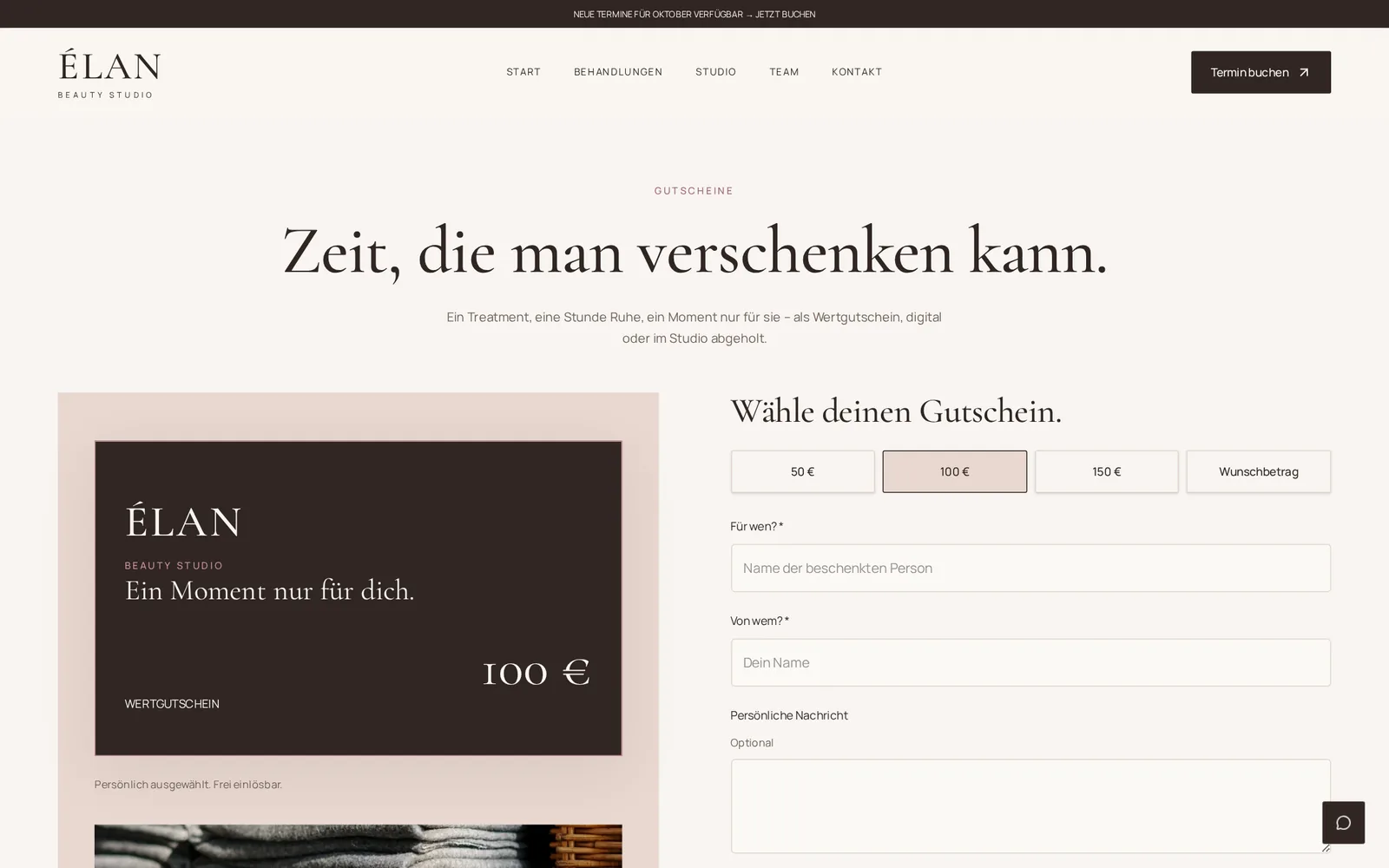 Musterprojekt Beauty Studio – Gutscheinbereich