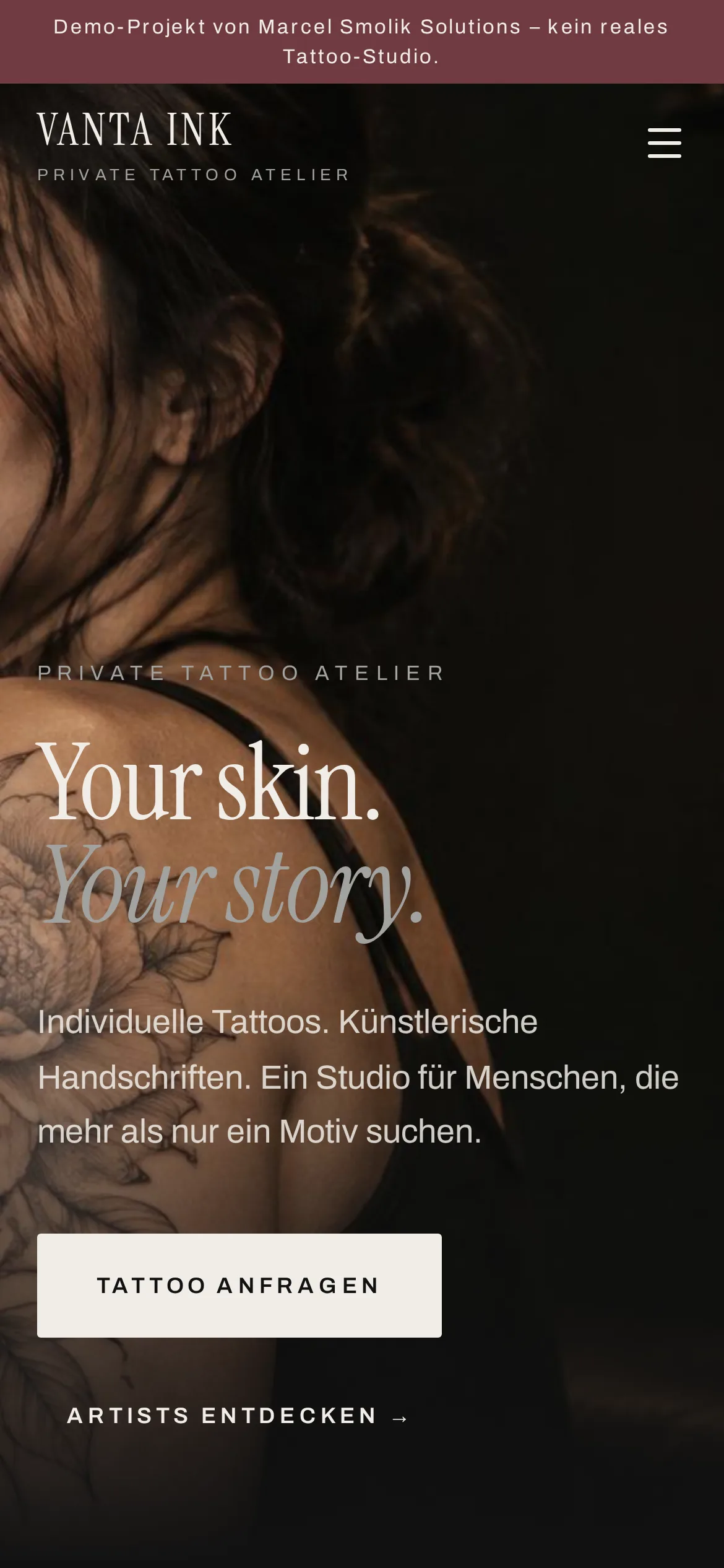Smartphone-Ansicht der Demo-Website VANTA INK