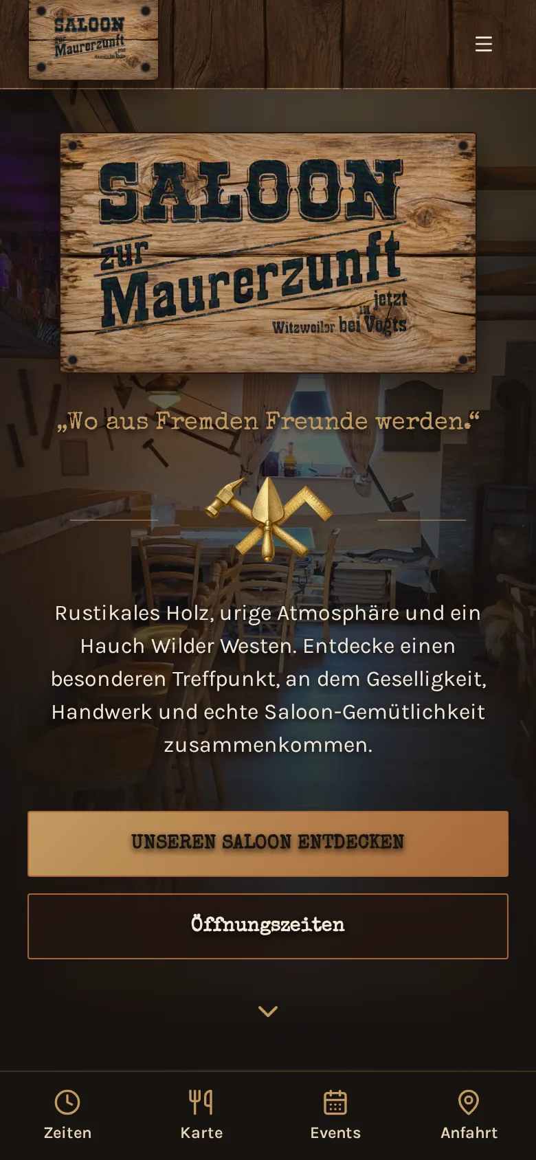 Smartphone-Ansicht der Saloon-Website mit Logo und mobiler Schnellnavigation