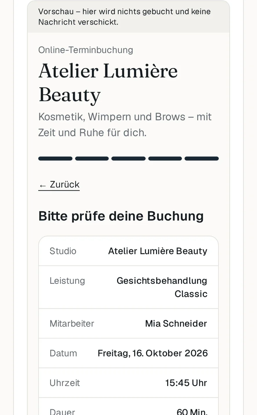 Mobile Onlinebuchung: Buchung vor dem Absenden prüfen