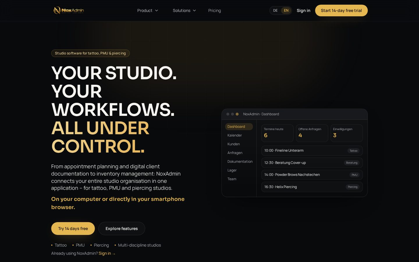 Website der Software NoxAdmin für Tattoo-Studios