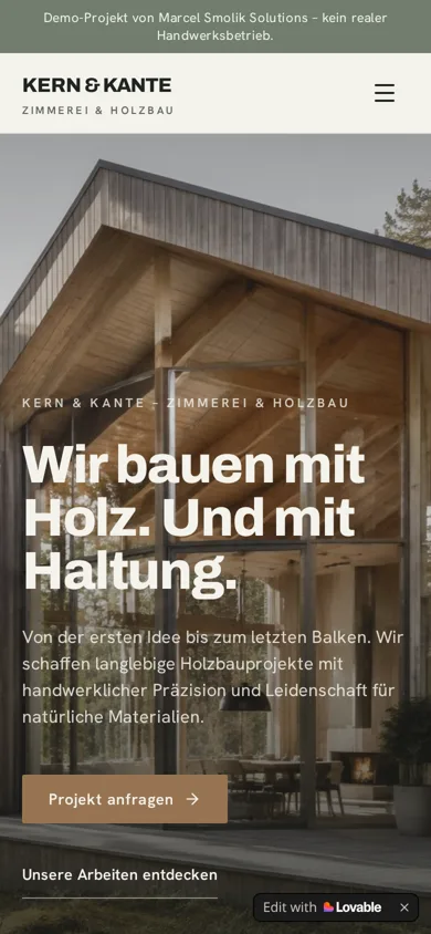 Smartphone-Ansicht der Demo-Website KERN & KANTE