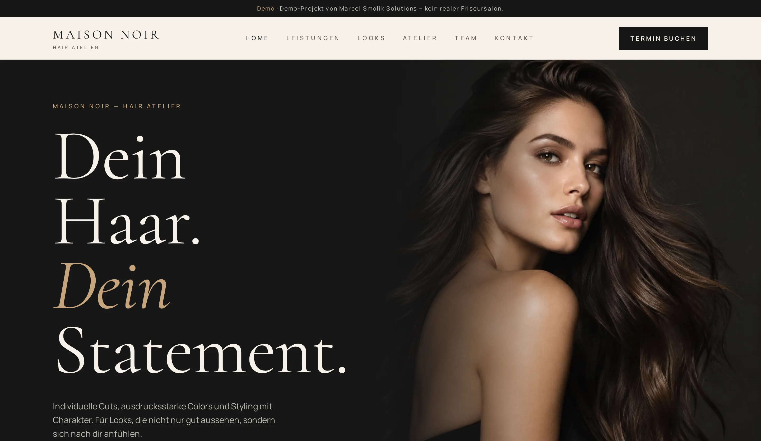 Musterprojekt MAISON NOIR Hair Atelier – Startseite am Desktop