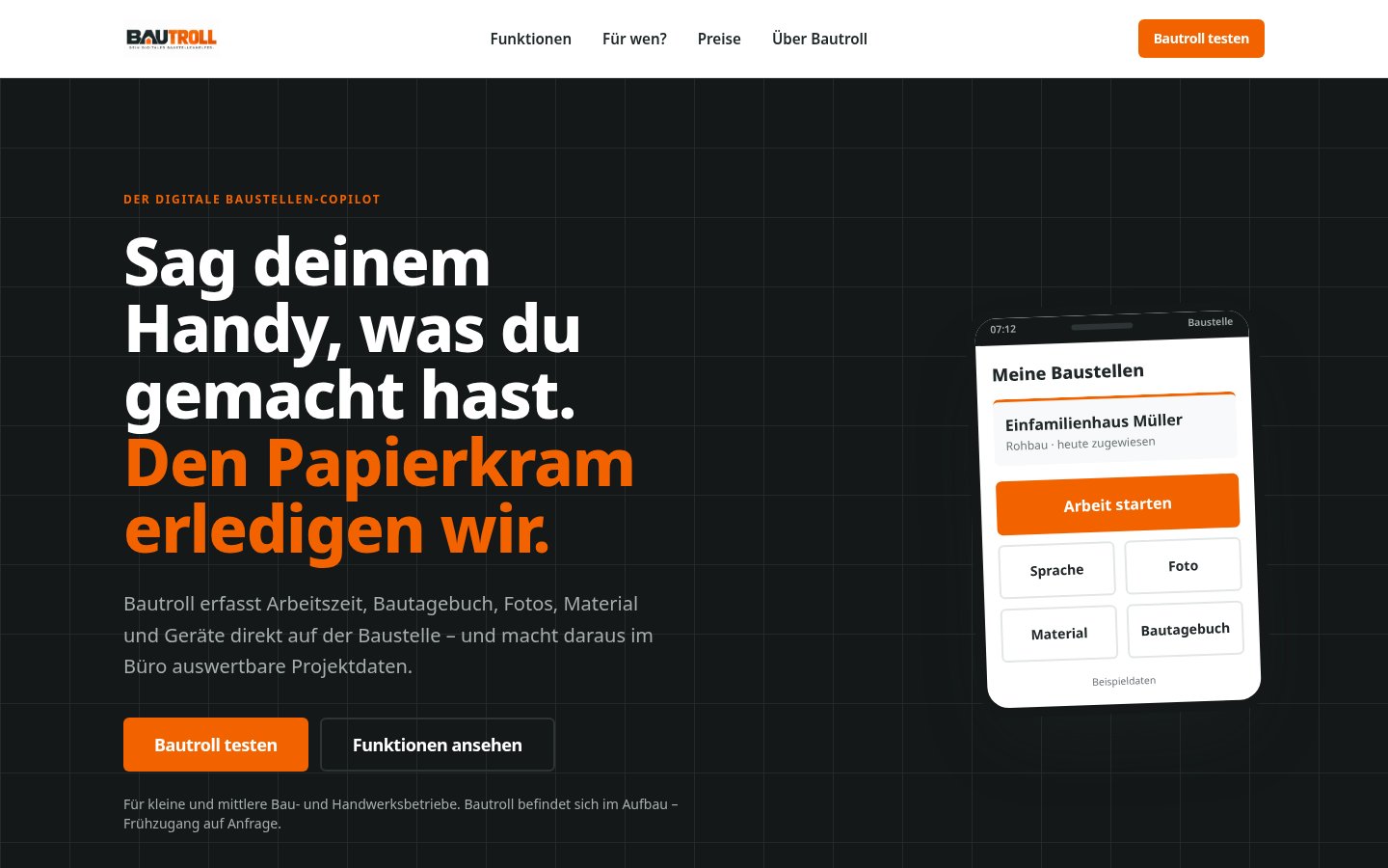 Marketing-Website von Bautroll, digitale Lösung für Bau- und Handwerksbetriebe