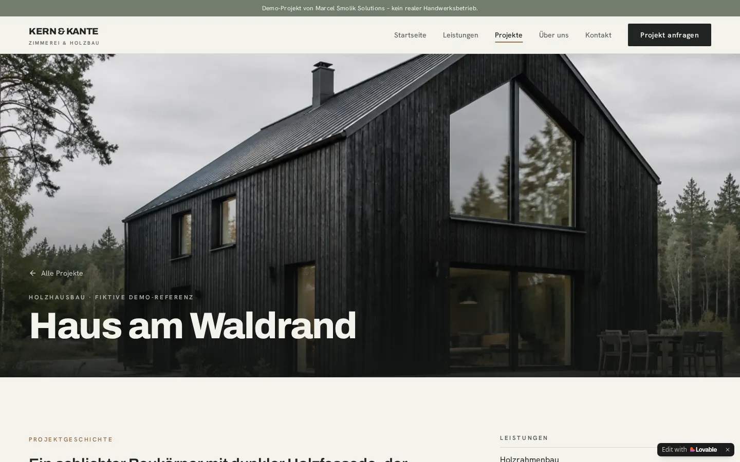 Projektdetailseite „Haus am Waldrand“ der Demo KERN & KANTE