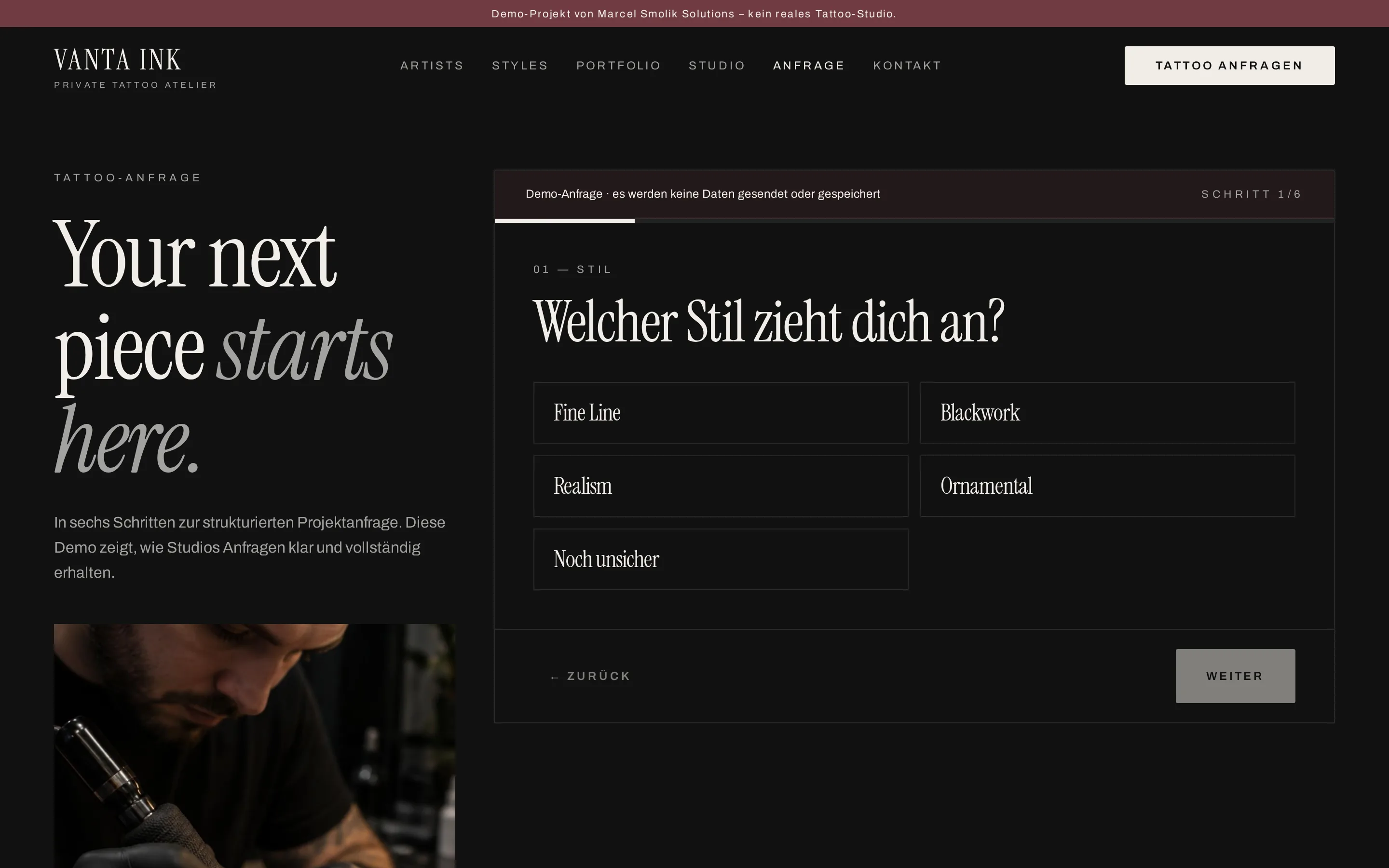 Mehrstufige Tattoo-Projektanfrage der Demo VANTA INK
