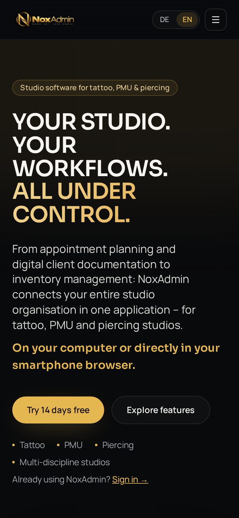 Smartphone-Ansicht der NoxAdmin-Website