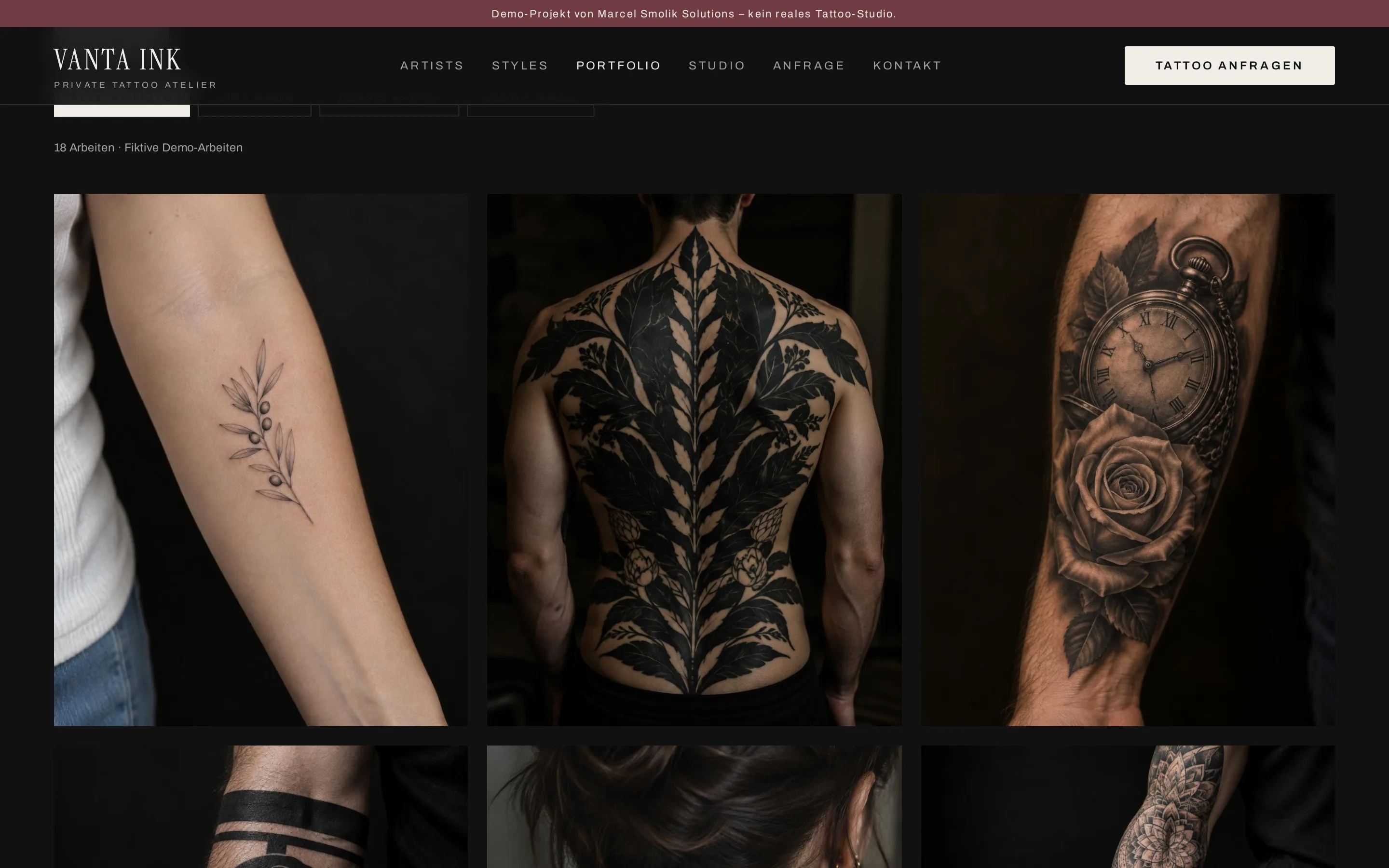 Portfolio-Galerie der Demo VANTA INK mit Stil- und Artist-Filter