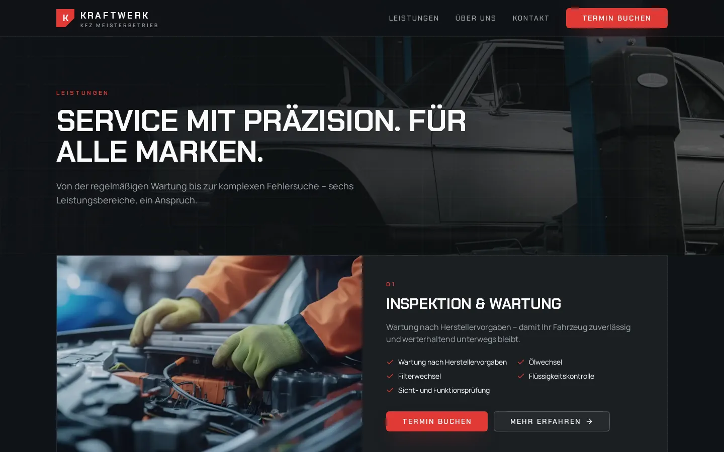 Leistungsübersicht der Demo-Website KRAFTWERK mit Inspektion, Reifenservice und Bremsenservice