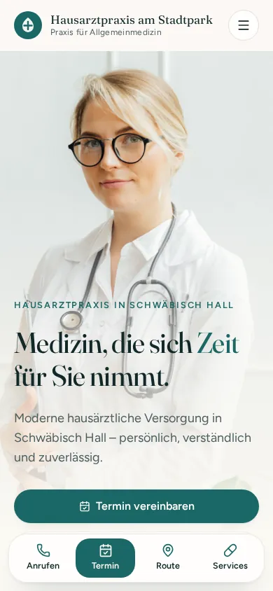 Musterprojekt Hausarztpraxis – Startseite auf dem Smartphone