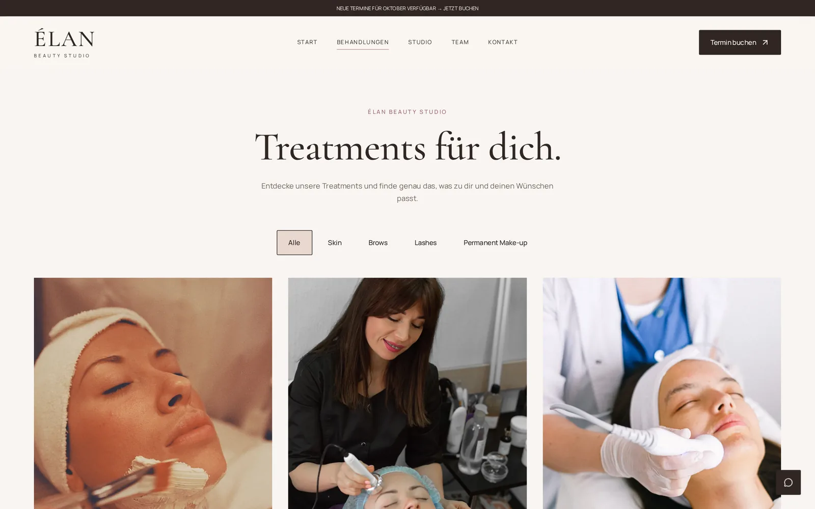 Musterprojekt Beauty Studio – Treatmentübersicht mit Preisen und Dauer