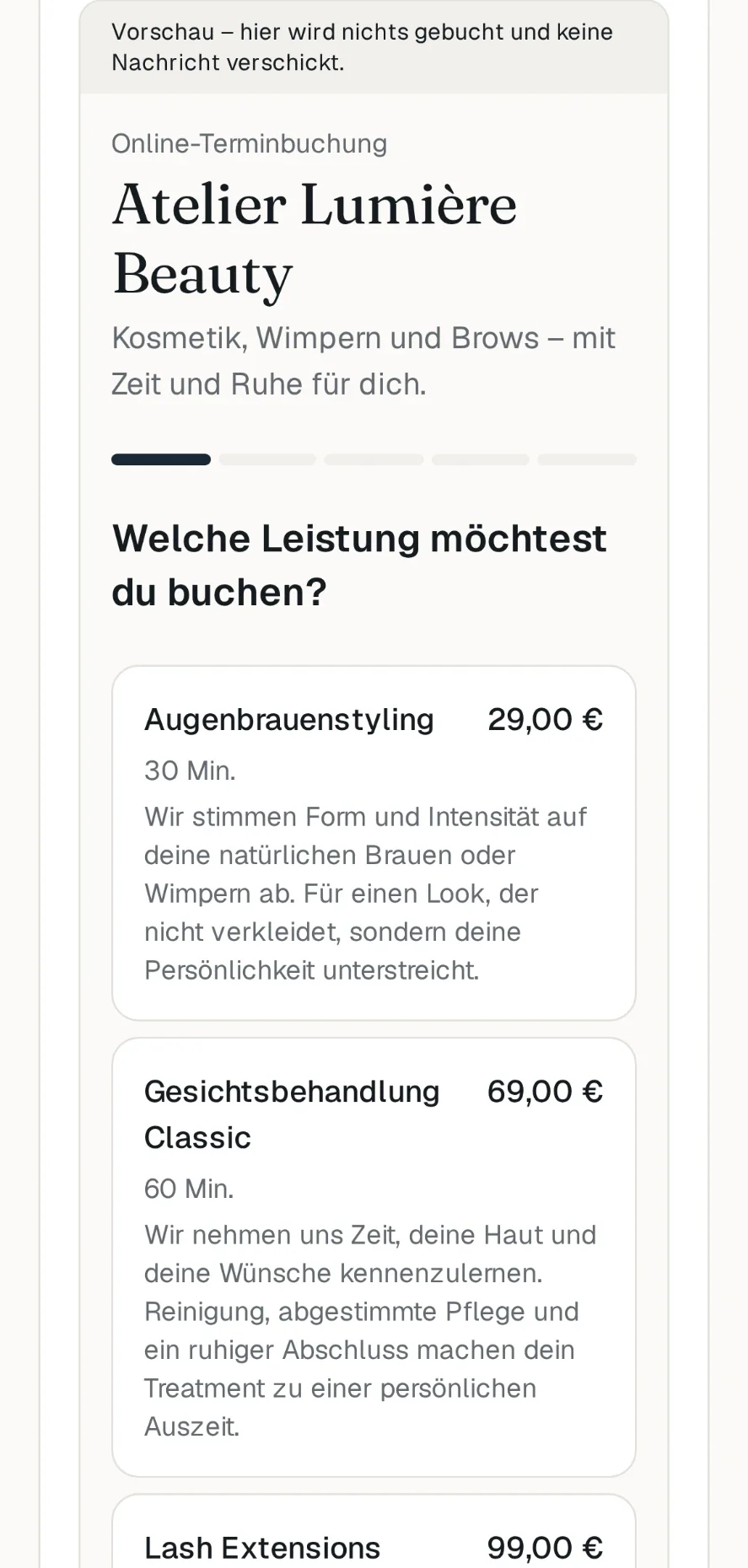 Mobile Onlinebuchung: Auswahl der Leistung mit Dauer und Preis