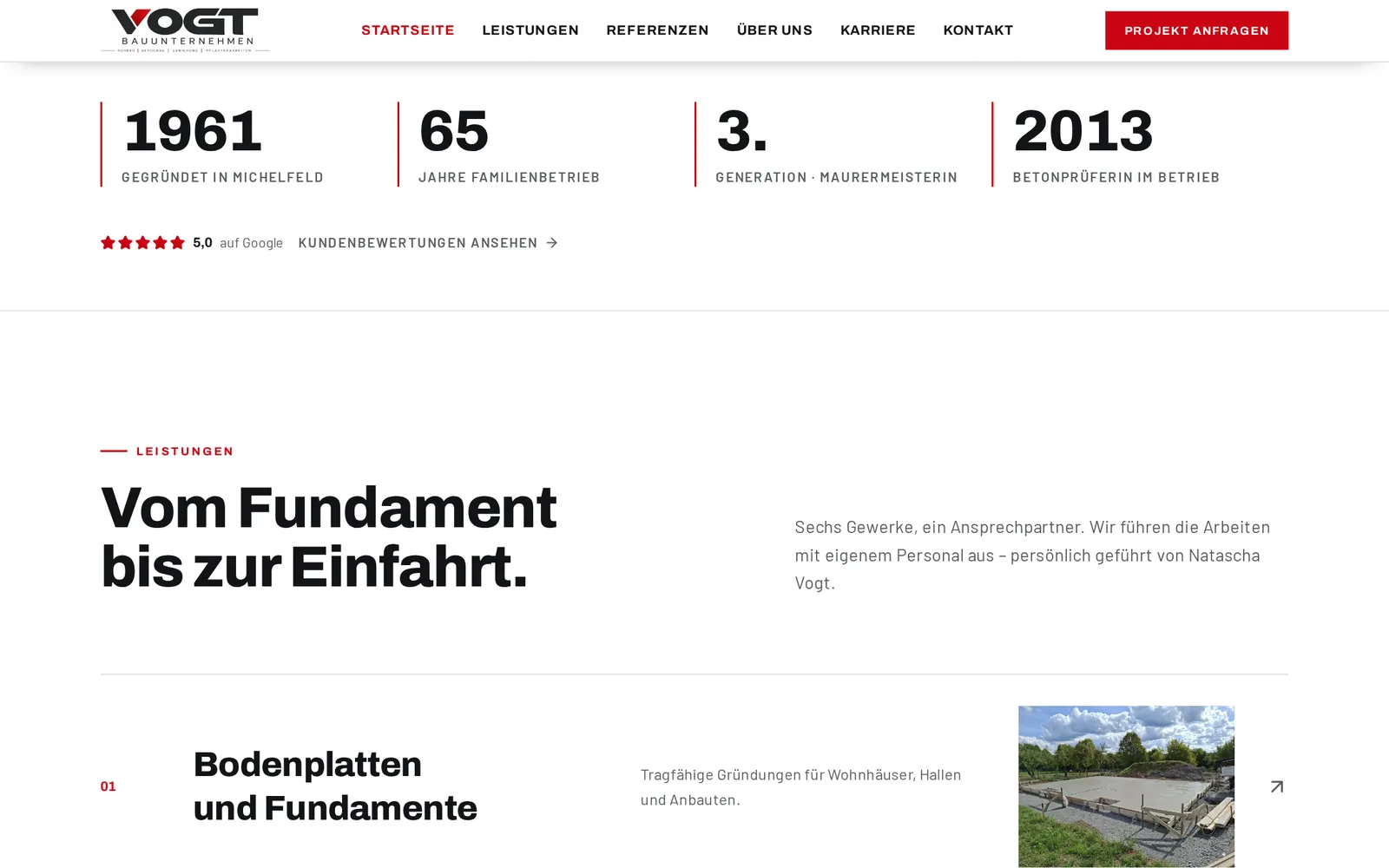Leistungsübersicht auf der Startseite von Vogt Bauunternehmen