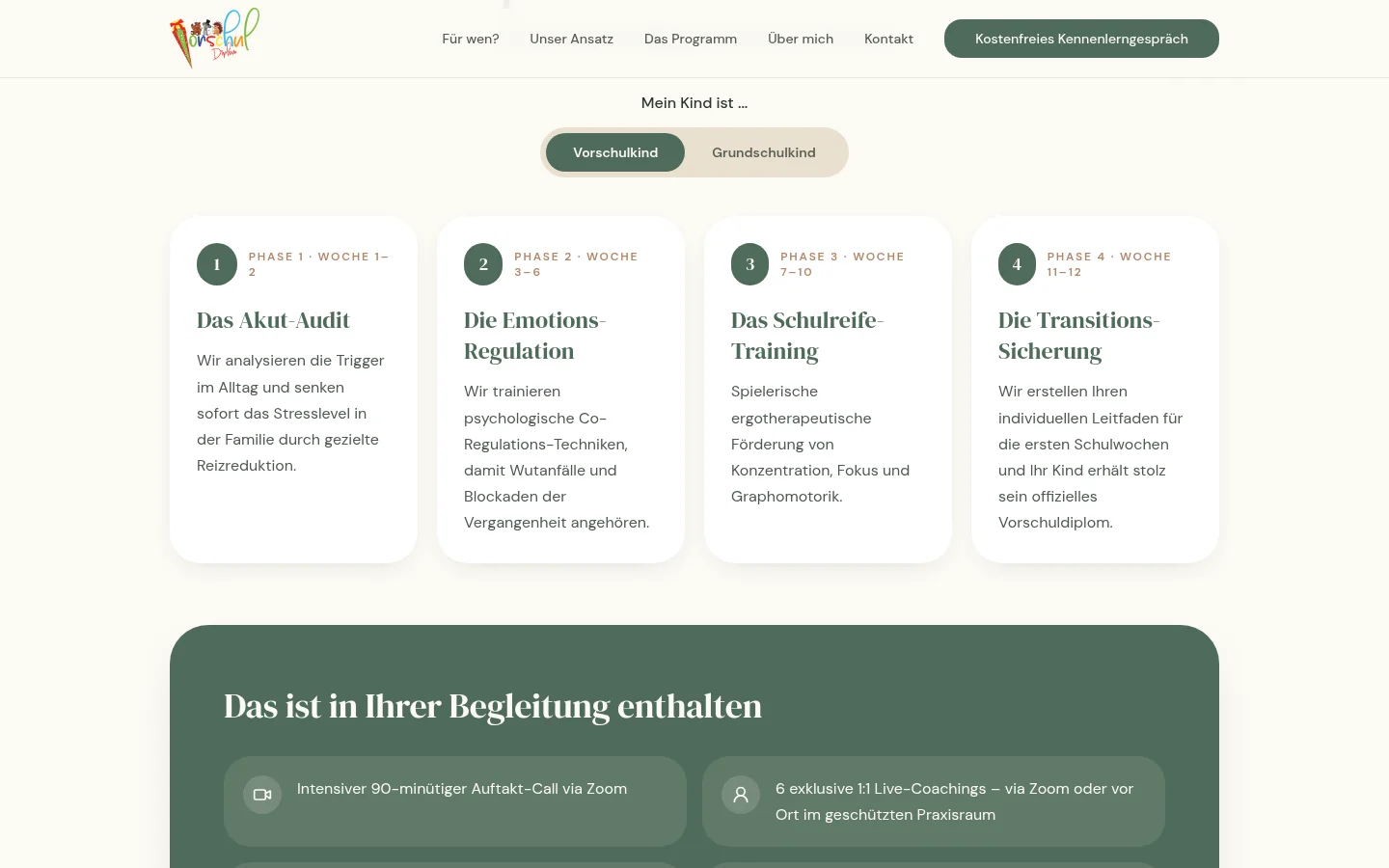 Interaktive Vorschuldiplom-Programmübersicht mit Zielgruppenauswahl und vier Phasen