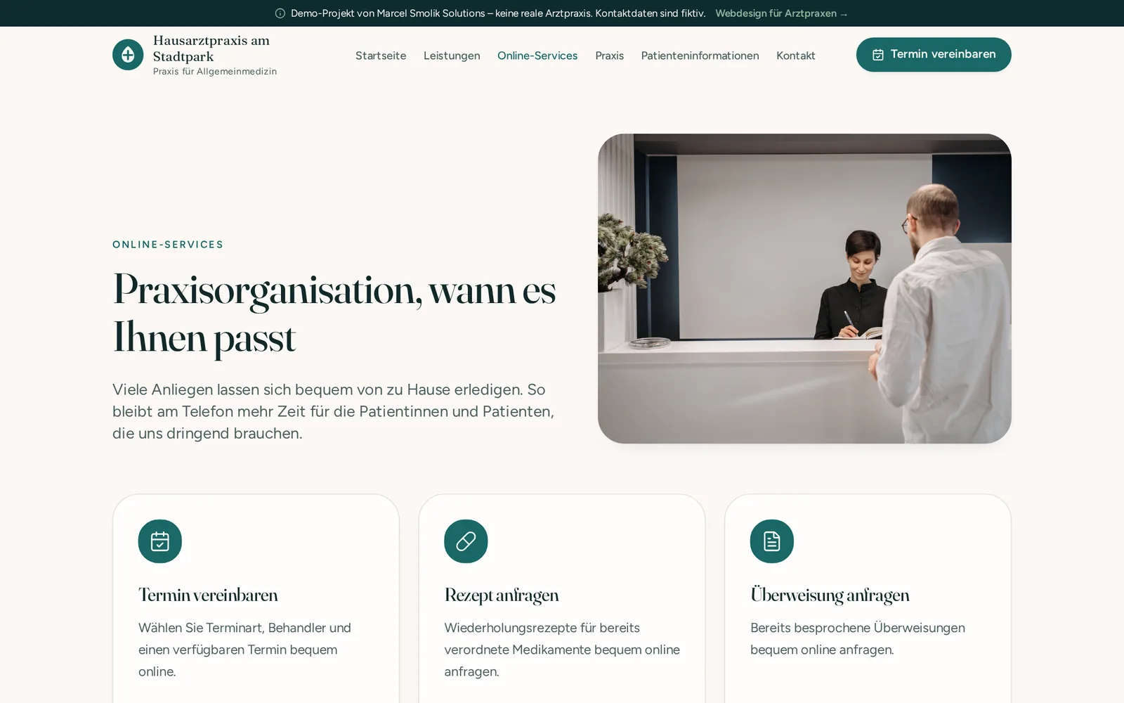 Online-Services der Praxis-Demo mit Termin, Rezeptanfrage und Überweisung