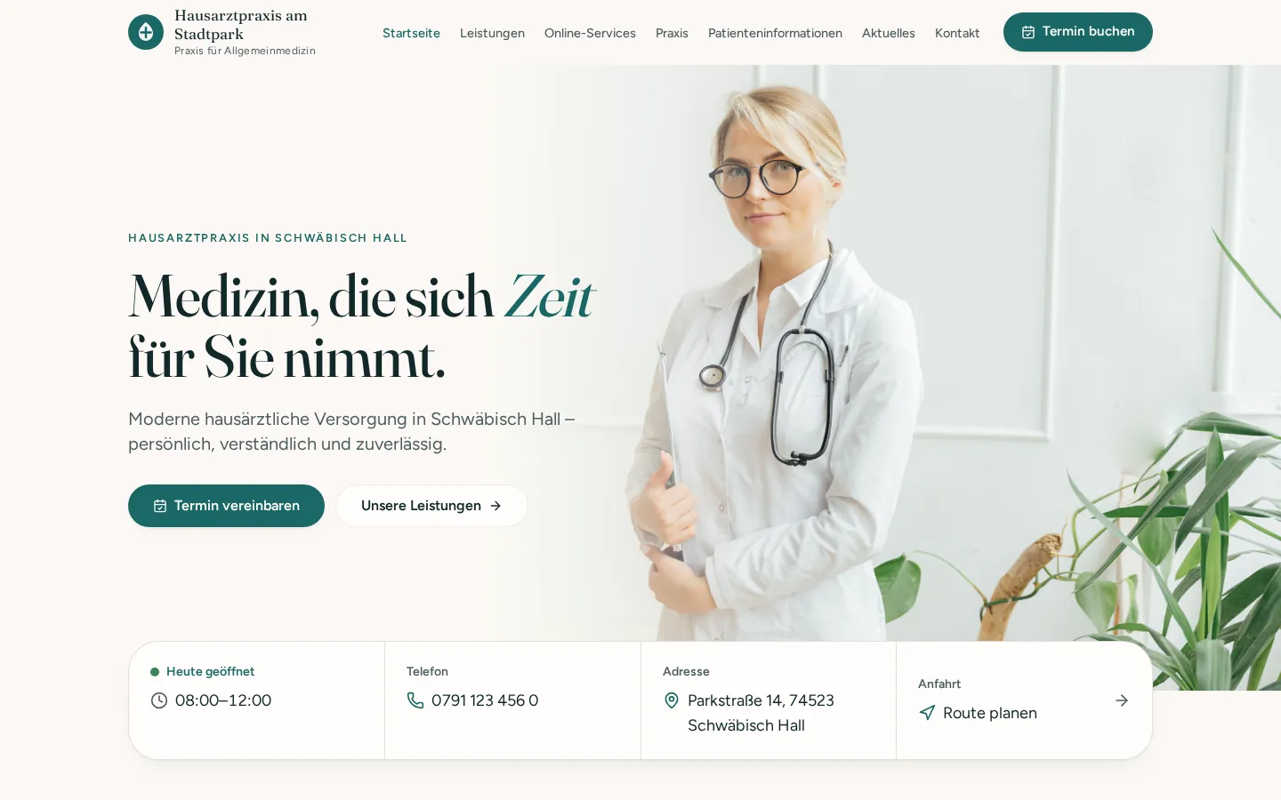 Musterprojekt Hausarztpraxis – Startseite in der Desktop-Ansicht