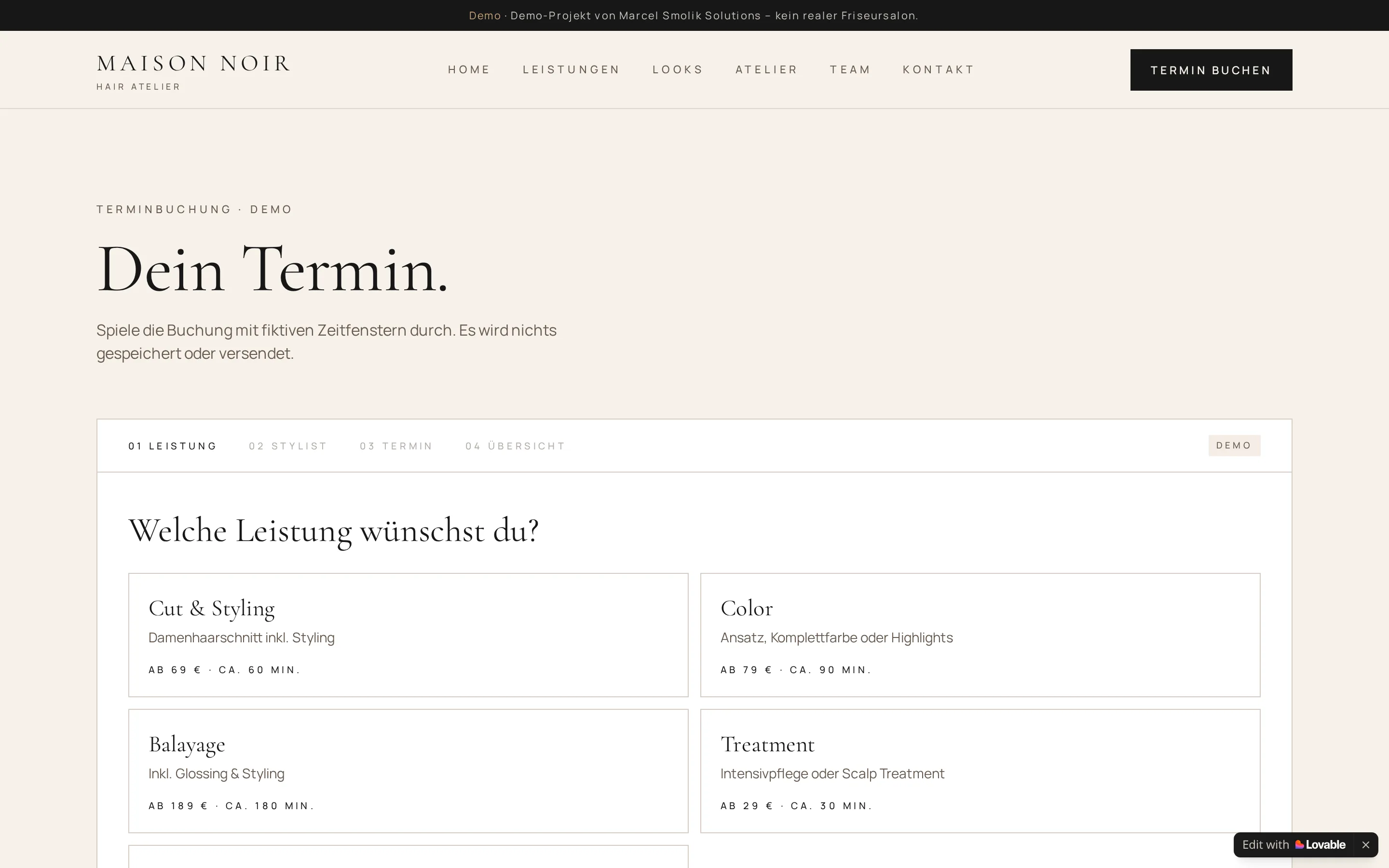 Online-Terminbuchung der Demo MAISON NOIR