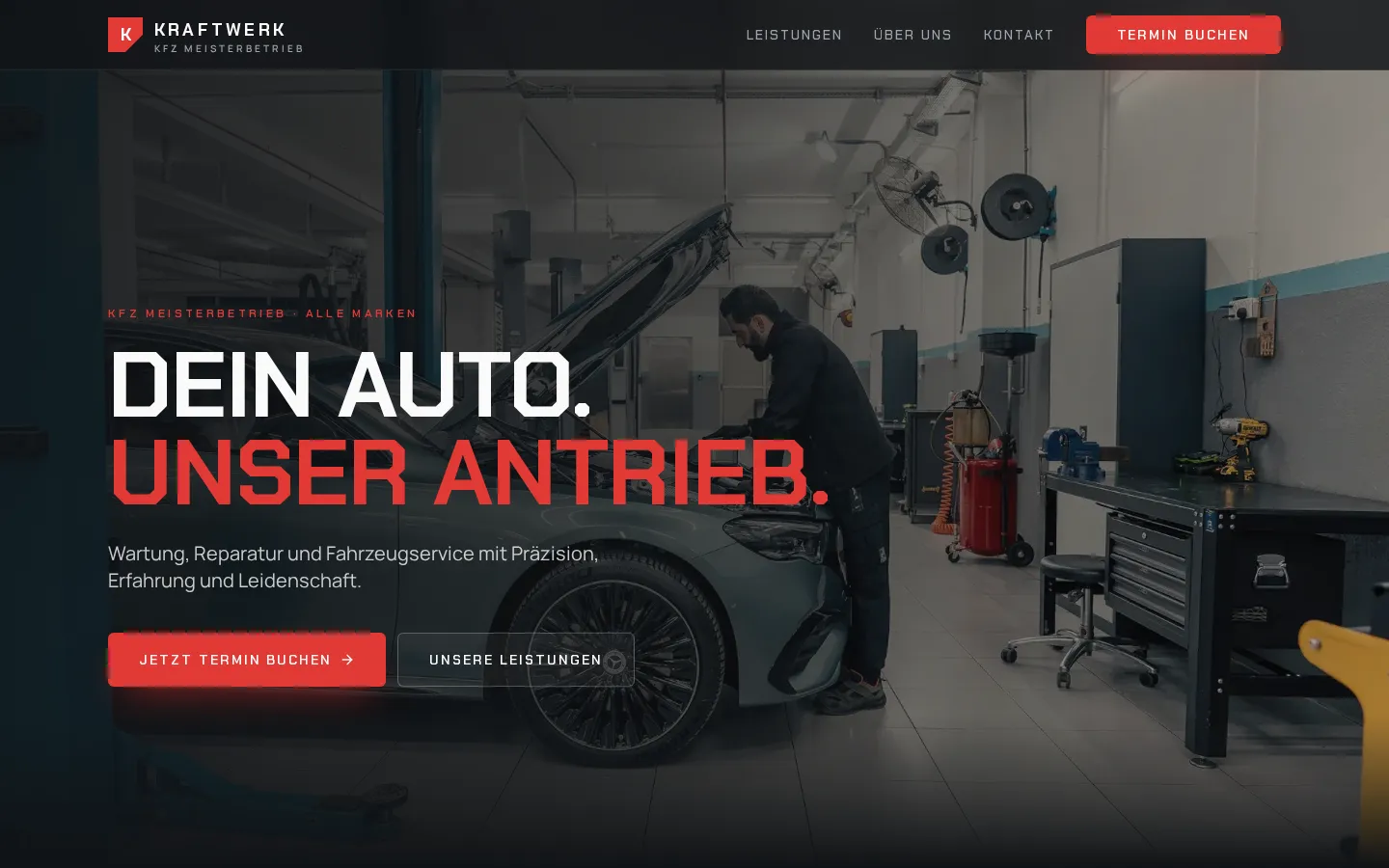 Startseite der Demo-Website KRAFTWERK – KFZ Meisterbetrieb mit Werkstattfotografie