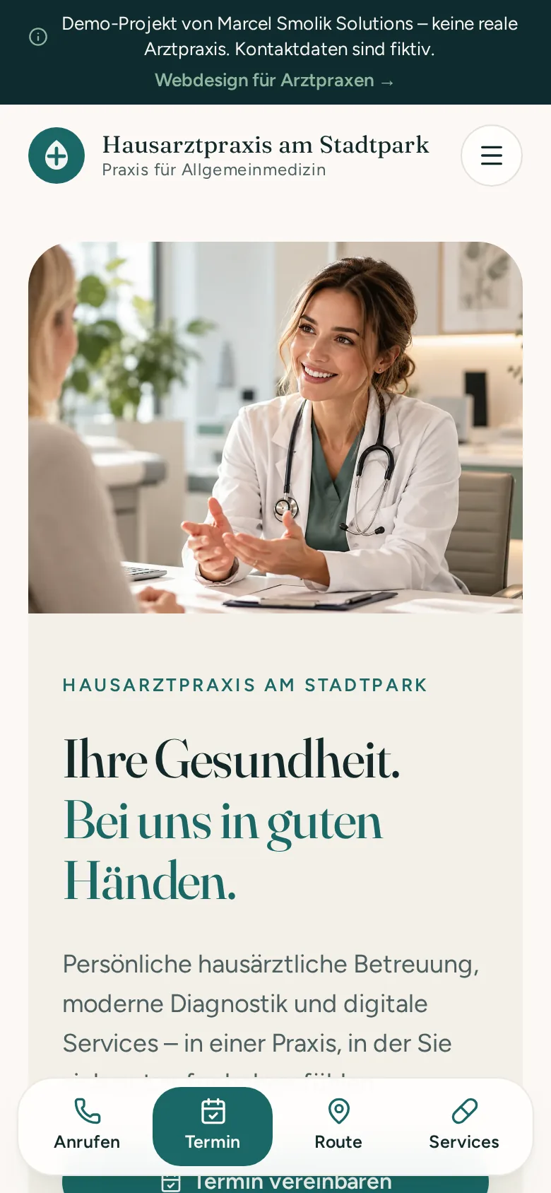 Startseite der Praxis-Demo auf dem Smartphone