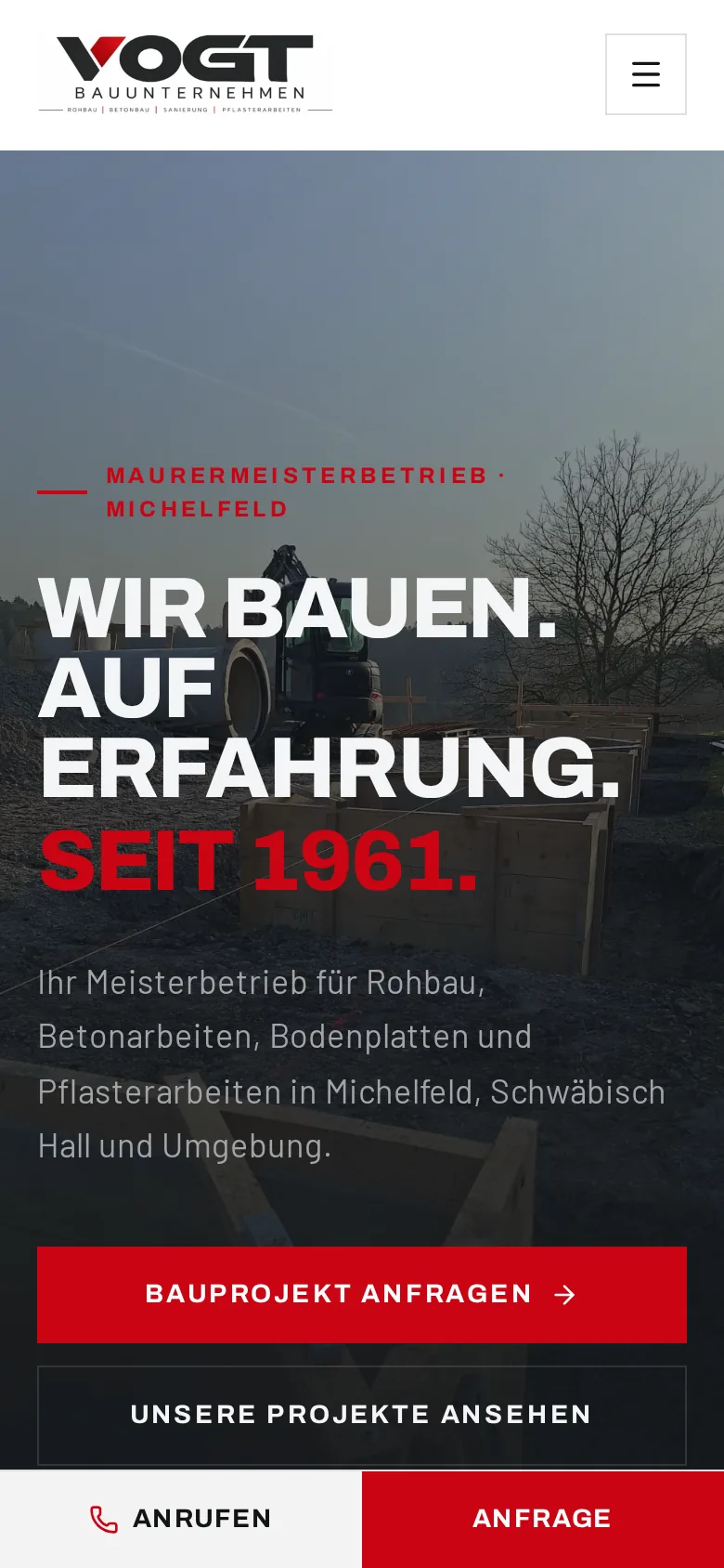 Smartphone-Ansicht der Website von Vogt Bauunternehmen