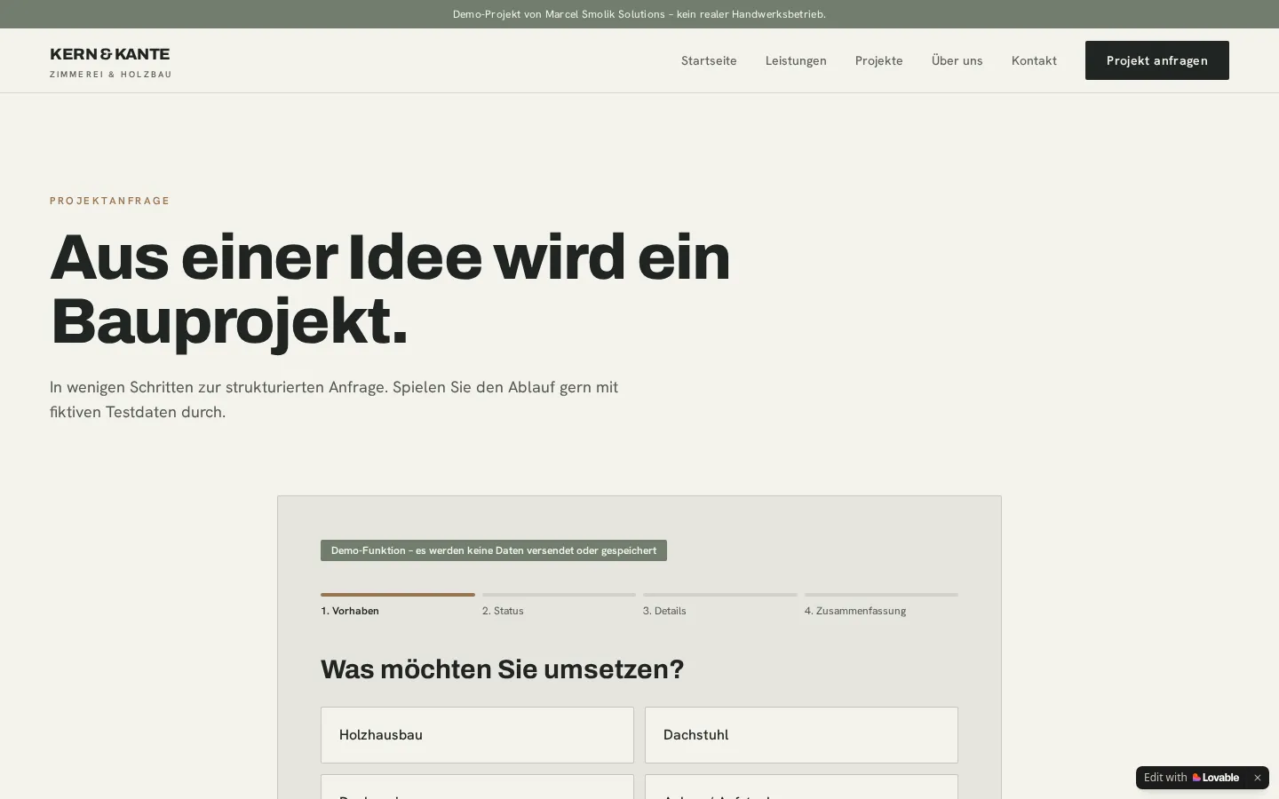Digitale Projektanfrage der Demo KERN & KANTE
