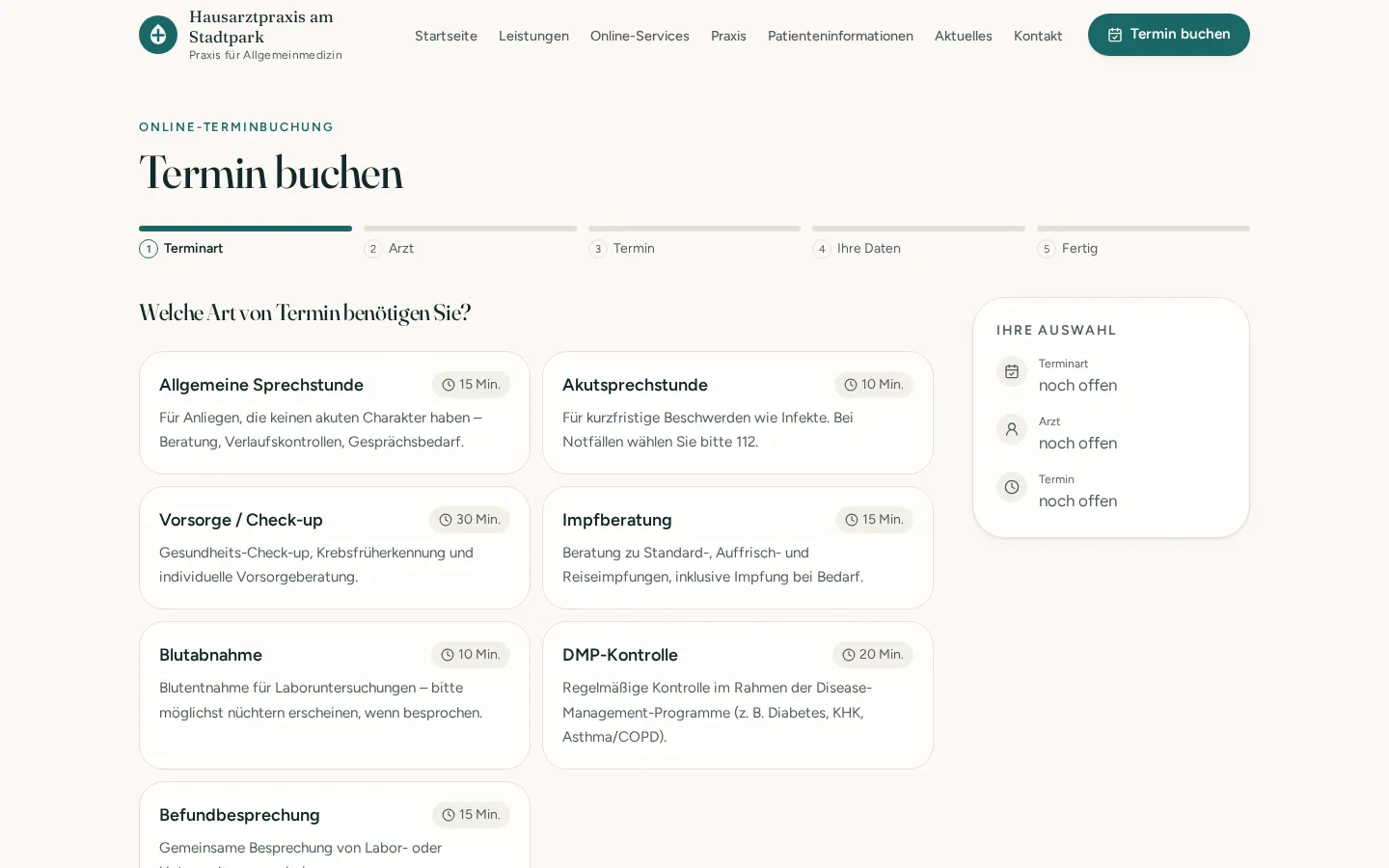 Musterprojekt Hausarztpraxis – Online-Terminbuchung mit Terminart, Behandler und Terminwahl