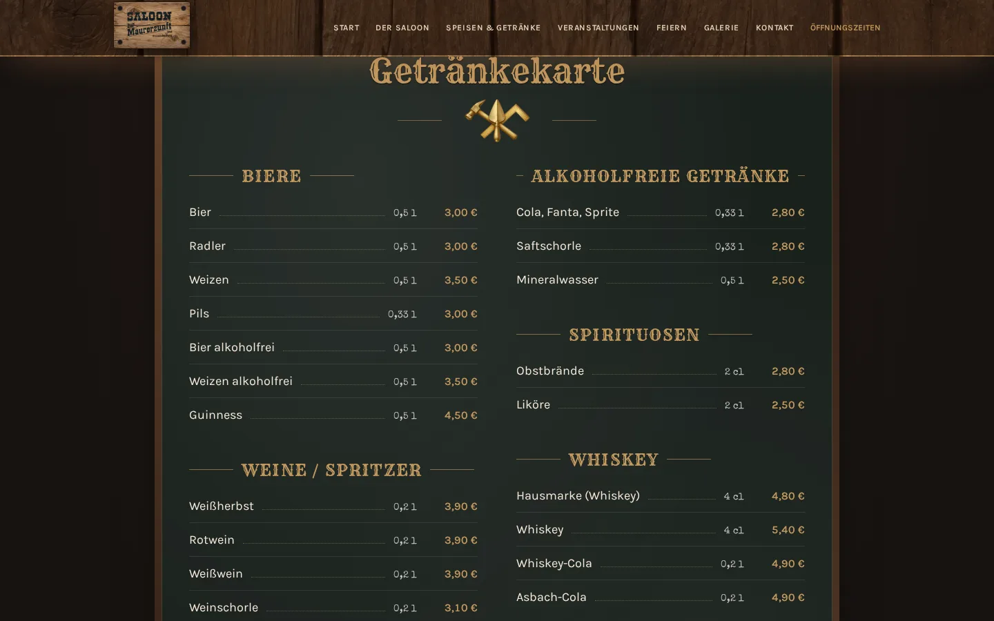 Digitale Getränkekarte des Saloon zur Maurerzunft im Kreidetafel-Stil