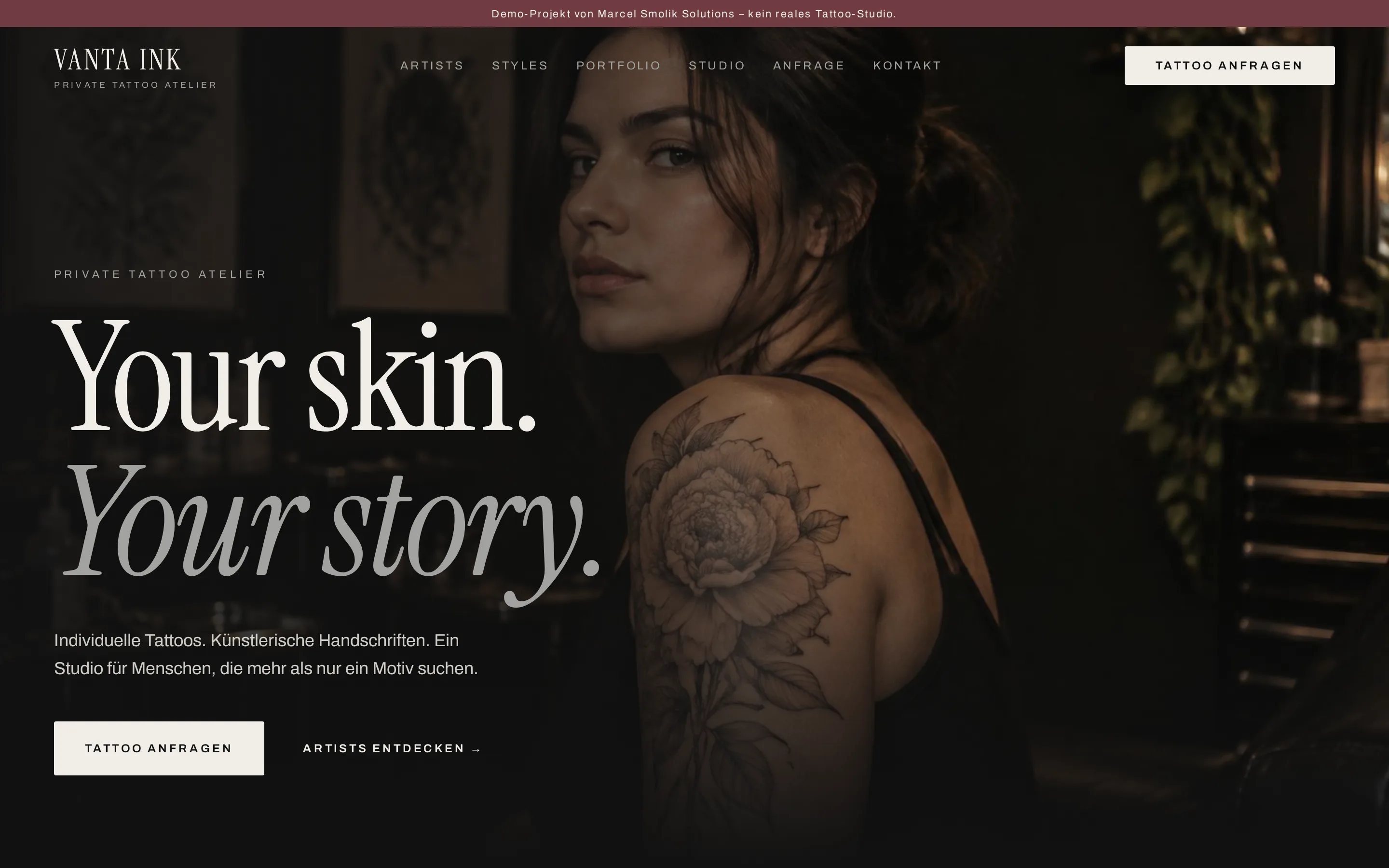 Demo-Projekt VANTA INK – Startseite am Desktop
