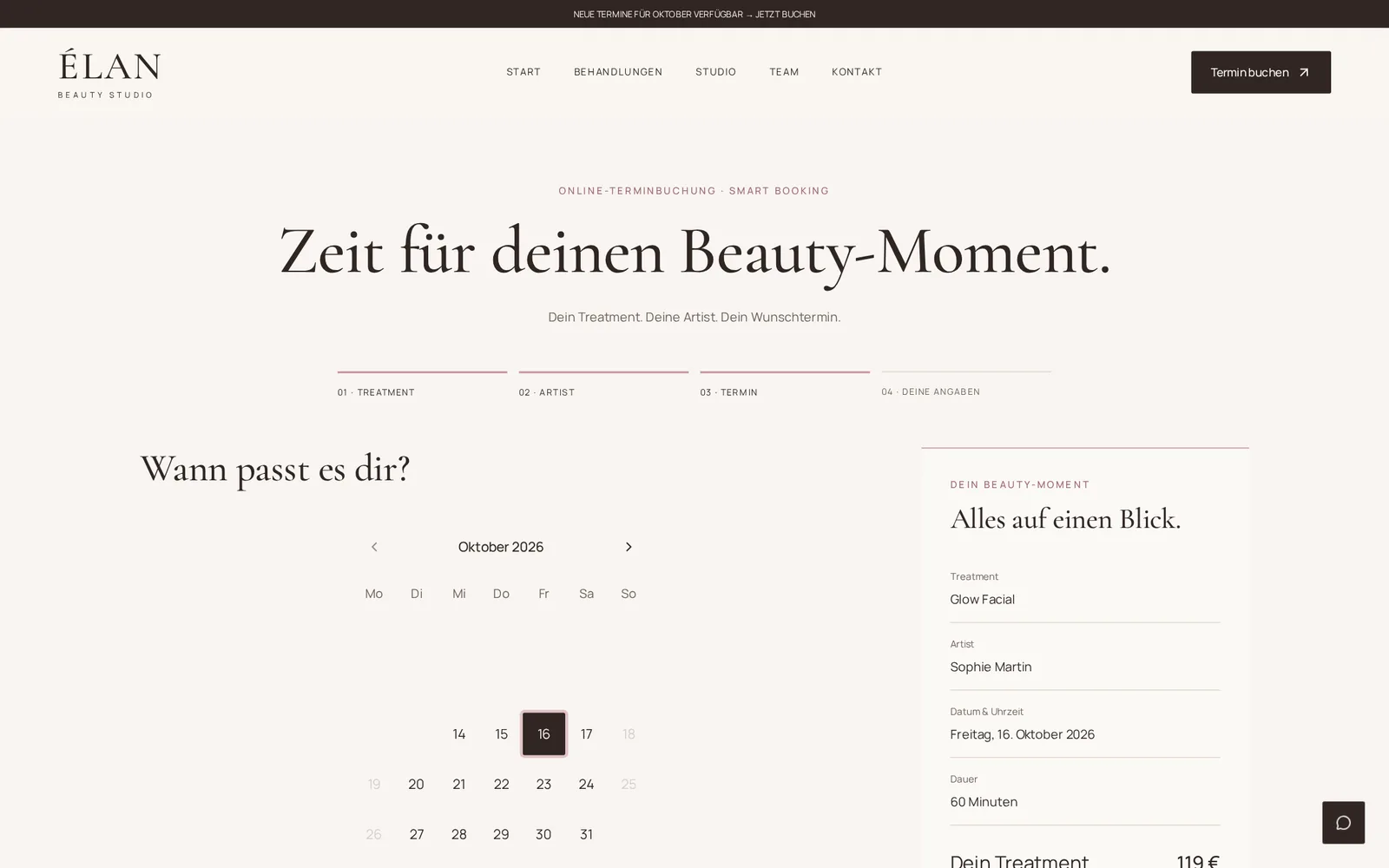 Musterprojekt Beauty Studio – Terminbuchung, Datum und Uhrzeit