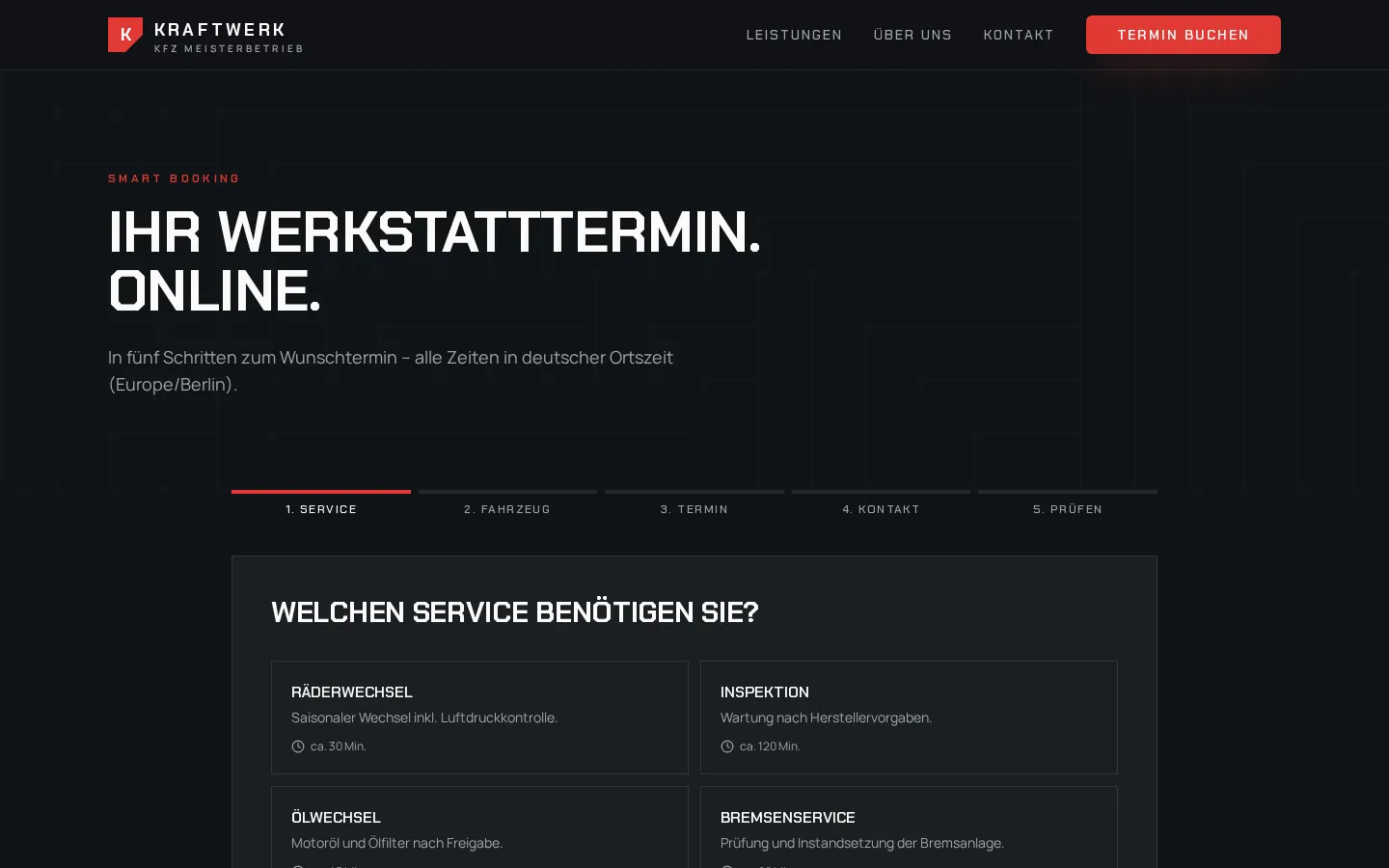 Online-Terminbuchung (Smart Booking) der Demo-Website KRAFTWERK