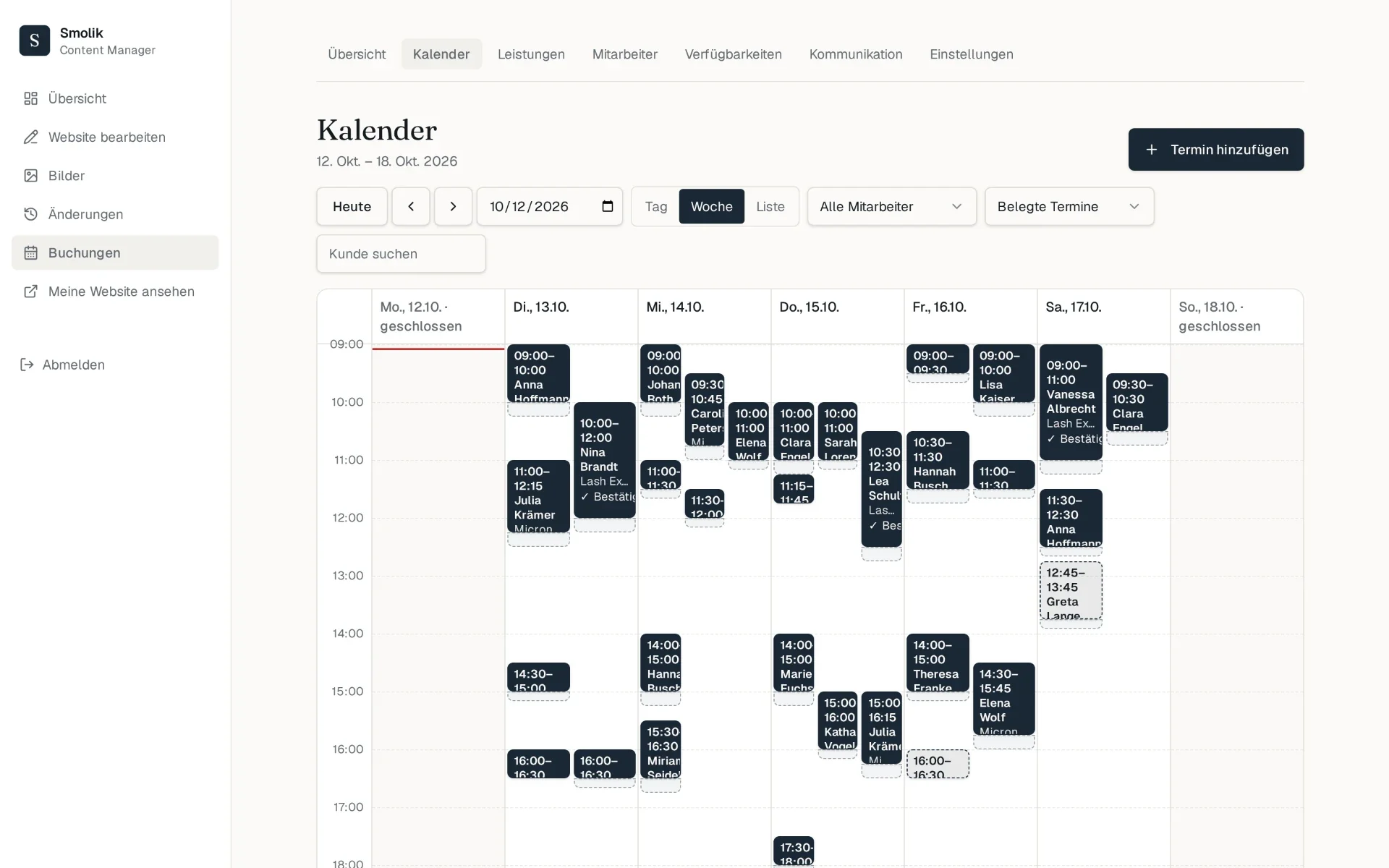 Smart Booking Kalender-Wochenansicht im Content Manager mit gebuchten Terminen
