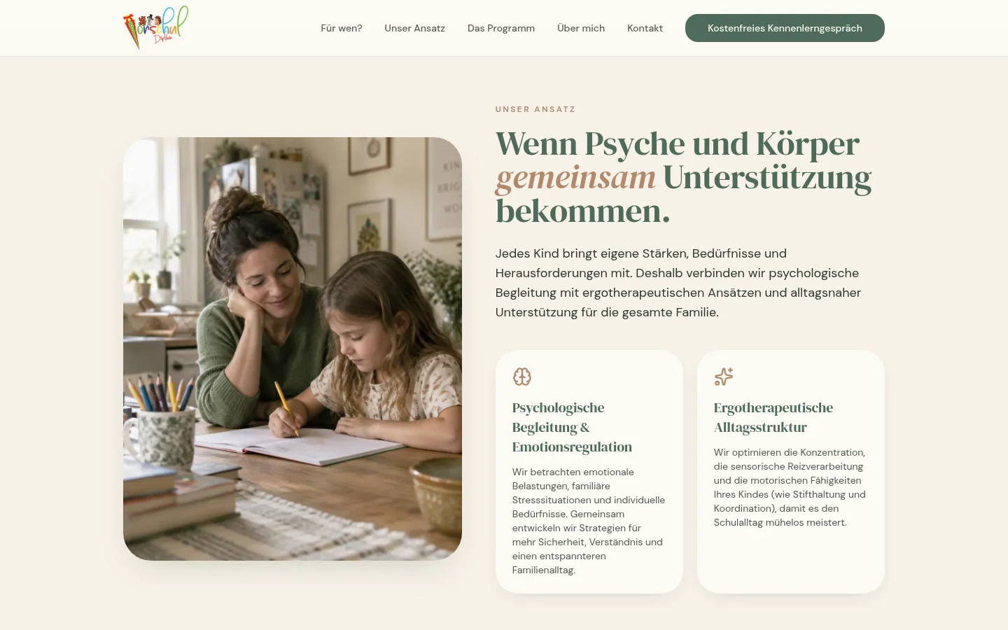 Darstellung des psychologischen und ergotherapeutischen Begleitungsansatzes auf vorschuldiplom.de